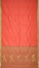 Coral Pink Color Kanchipuram Silk Saree with Silk Saree Small Gold s plain design on the body with cross lines contrast border and Dual Tone Dull Greenish Peach with big mango motif pallu.