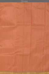 Coral Pink Color Kanchipuram Silk Saree with Silk Saree Small Gold s plain design on the body with cross lines contrast border and Dual Tone Dull Greenish Peach with big mango motif pallu.
