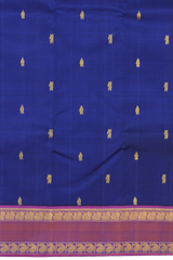 Blue Kanchipuram Silk Saree with Kalakshetra Thread Woven threadwork on the body with Annapakshi Woven contrast border and Pink Color Pallu with Annapakshi, Mango, and Zig Zag design.
