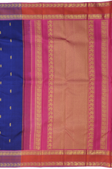 Blue Kanchipuram Silk Saree with Kalakshetra Thread Woven threadwork on the body with Annapakshi Woven contrast border and Pink Color Pallu with Annapakshi, Mango, and Zig Zag design.
