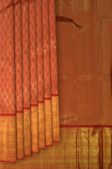 Red Kanchipuram Silk Saree with jacquard diamond design & kamalam motif on the body with self border and kuyil kan, benarspet with varisapet in pallu