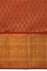 Red Kanchipuram Silk Saree with jacquard diamond design & kamalam motif on the body with self border and kuyil kan, benarspet with varisapet in pallu