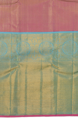 Pink Kanchipuram Silk Saree with checks, tissue, and pink podi kattam designs on the body with powder blue contrast border featuring benarspet with round motif and diamond butta design in pallu