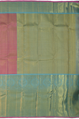Pink Kanchipuram Silk Saree with checks, tissue, and pink podi kattam designs on the body with powder blue contrast border featuring benarspet with round motif and diamond butta design in pallu