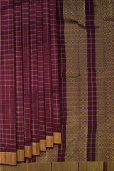 Wine Kanchipuram Silk Saree with checks design on the body with self mayil kann border and pallu - Wine Whisperer