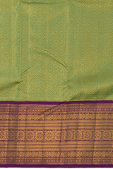 Lime Green Kanchipuram jacquard Silk Saree with intricately designed patterns on the body with wine purple vaada malli contrast border and peacock, diamond designs in pallu