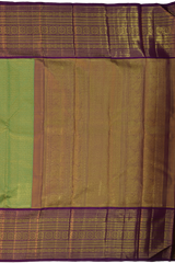 Lime Green Kanchipuram jacquard Silk Saree with intricately designed patterns on the body with wine purple vaada malli contrast border and peacock, diamond designs in pallu