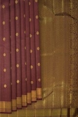 Coffee Brown Kanchipuram Silk Saree with checks and podi zari kattam with kamalam butta designs on the body with self kuyil kann with kolam design border and floral with diamond design and hexagon varisapet designs in pallu