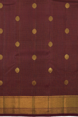 Coffee Brown Kanchipuram Silk Saree with checks and podi zari kattam with kamalam butta designs on the body with self kuyil kann with kolam design border and floral with diamond design and hexagon varisapet designs in pallu