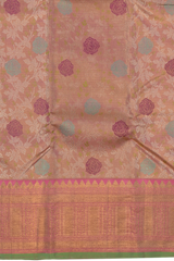 Light Baby Pink Kanchipuram Silk Saree with floral, embossed, and meenakari designs on the body with candy pink with green selvage contrast border and tear shaped motif with diamond design in pallu