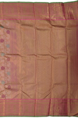 Light Baby Pink Kanchipuram Silk Saree with floral, embossed, and meenakari designs on the body with candy pink with green selvage contrast border and tear shaped motif with diamond design in pallu