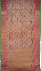 Light Baby Pink Kanchipuram Silk Saree with floral, embossed, and meenakari designs on the body with candy pink with green selvage contrast border and tear shaped motif with diamond design in pallu