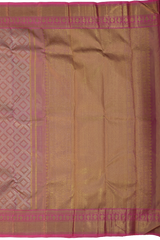 Baby Pink Kanchipuram jacquard Silk Saree with embossed and brocade designs on the body with dark candy pink contrast border and rich grand intricately designed pallu