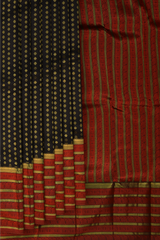 Black Kanchipuram Silk Saree with vertical chakram butta, brocade design on the body with red contrast border and rope design with red threadwork pallu