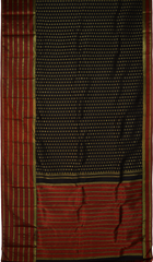 Black Kanchipuram Silk Saree with vertical chakram butta, brocade design on the body with red contrast border and rope design with red threadwork pallu