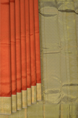 Red Kanchipuram Silk Saree with Checks, Brocade on the body with light grey contrast border and pallu featuring tear, motif, grand, intricately floral designed