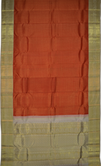 Red Kanchipuram Silk Saree with Checks, Brocade on the body with light grey contrast border and pallu featuring tear, motif, grand, intricately floral designed
