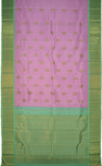 Rose milk pink Kanchipuram Silk Saree with Motif on the body with pista green contrast border and pallu featuring annam, rudraksham, grand, zig zag pattern intricately designed
