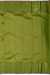 Lime green Kanchipuram Silk Saree with Tissue, Embossed, Meenakari, Diamond design with multicolour threadwork on the body with light green with lavender selvage contrast border and pallu featuring grand, floral intricately designed grand pallu