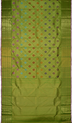 Lime green Kanchipuram Silk Saree with Tissue, Embossed, Meenakari, Diamond design with multicolour threadwork on the body with light green with lavender selvage contrast border and pallu featuring grand, floral intricately designed grand pallu