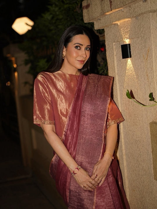 Karisma Kapoor Revives Retro Glam With a Stunning Rose Gold Saree — The Perfect Shaadi Season Style Inspiration