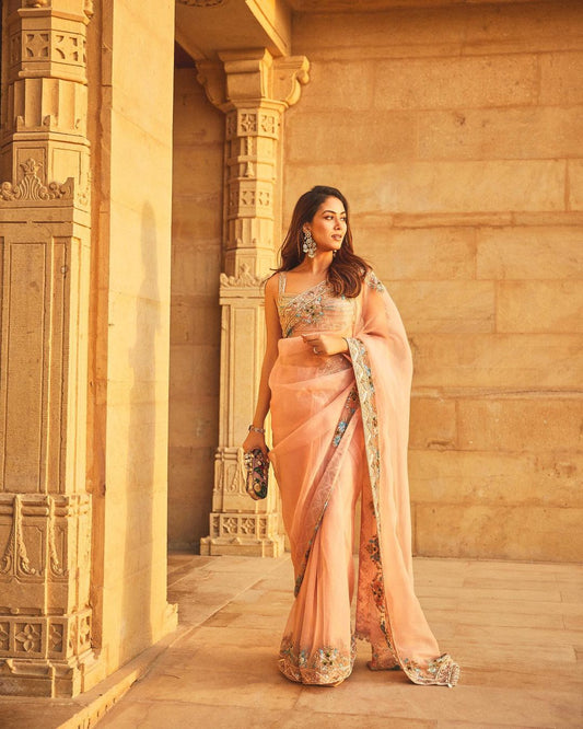 Mira Kapoor Dazzles in a Peach Silk Organza Lace Saree Ensemble