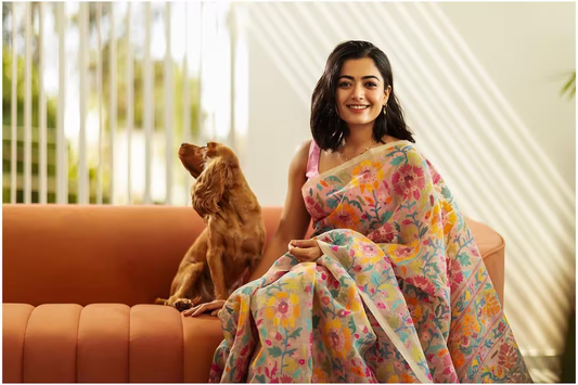 Rashmika Mandanna Dazzles in a Blush Pink Floral Saree, Exuding Festive Elegance