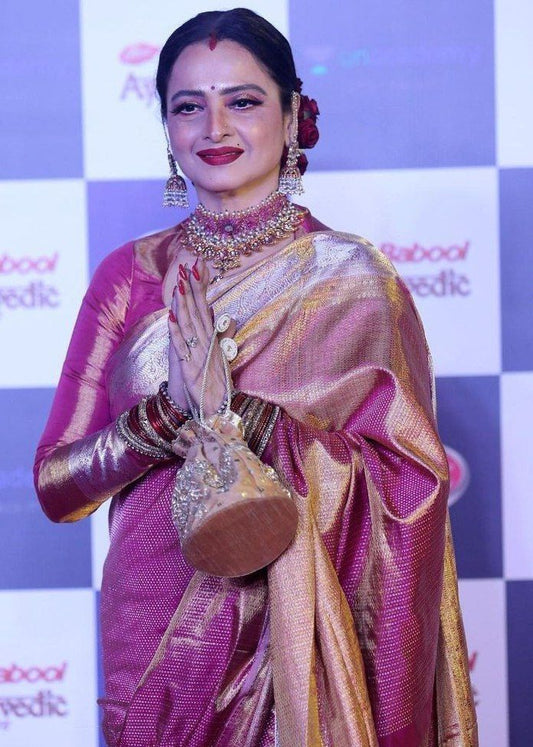 Rekha Radiates Grace in a Manish Malhotra Banarasi Kora Saree with Dual-Toned Zari