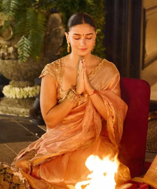 Alia Bhatt Radiates Vintage Elegance in a Manish Malhotra Tissue Saree for Her Griha Pravesh Ceremony