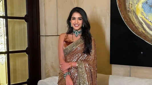 Radhika Merchant Turns Heads In A Richly Embellished Bronze Saree At A Friend’s Wedding