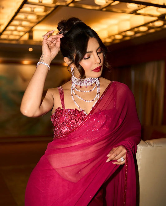 Priyanka Chopra Jonas Radiates Elegance in a Sabyasachi Red Saree for Diwali