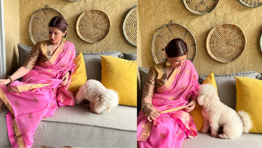 Twinkle Khanna Radiates Elegance in a Rani-Pink Saree as She Welcomes Ganpati Bappa with Devotion