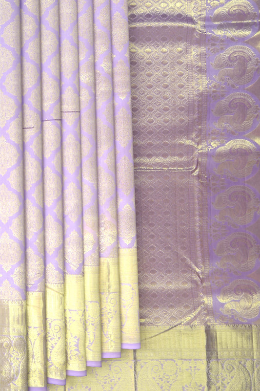 Lavender Kanchipuram Silk Saree with Damask Motif, Self Zari Border, and Lavender Pallu