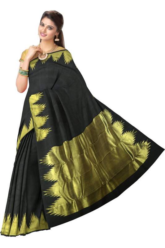 Black Kanchipuram Silk Saree with Plain Design, Self Zari Border, and Self Pallu
