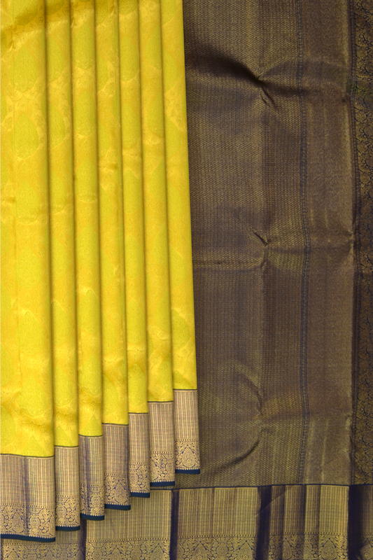 Lime Green Kanchipuram Silk Saree with embossed on the body with Peacock blue contrast border and Thick mayil kan