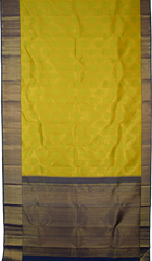 Lime Green Kanchipuram Silk Saree with embossed on the body with Peacock blue contrast border and Thick mayil kan