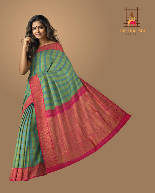 Light Green and Light Blue Checks Kanchipuram Silk Saree with Dual Tone Checks on the body with Rani Pink contrast border and Rani Pink Floral diagonal lines pallu