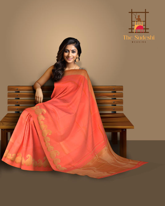 Peach Kanchipuram Silk Saree with Plain on the body with Peach self Mango Motif border and Peach Grand Tissue Pallu