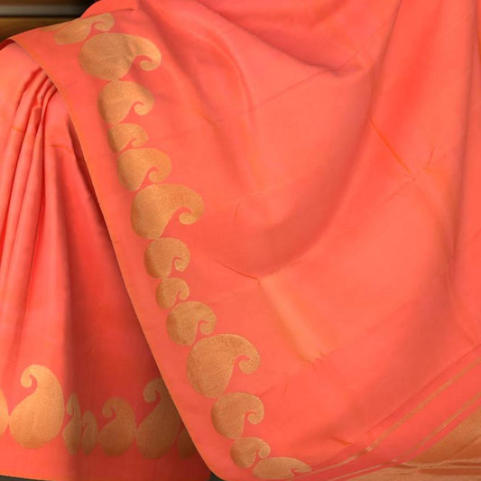 Peach Kanchipuram Silk Saree with Plain on the body with Peach self Mango Motif border and Peach Grand Tissue Pallu