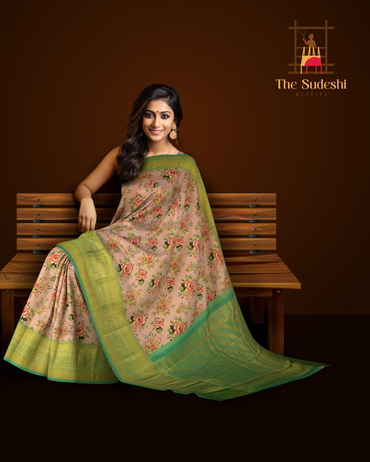 Mouve with red and purple flowers Kanchipuram Silk Saree with Floral digital Plain on the body with Sea Green contrast border and Sea Green pallu with diagonal lines and floral motif pallu