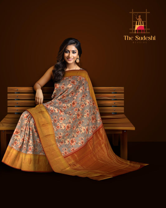 Grey with red flowers Kanchipuram Silk Saree with Floral digital Plain on the body with Red contrast border and Red pallu with diagonal lines and floral motif pallu