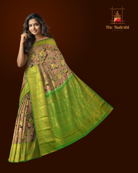 Beige with brown flowers Kanchipuram Silk Saree with Floral digital Plain on the body with Parrot Green contrast border and Parrot Green pallu with diagonal lines and floral motif pallu