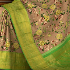 Beige with brown flowers Kanchipuram Silk Saree with Floral digital Plain on the body with Parrot Green contrast border and Parrot Green pallu with diagonal lines and floral motif pallu