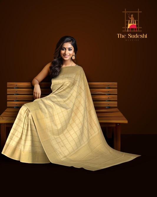Off White Kanchipuram Silk Saree with Zari Checks on the body with Off White self border and off white grand pallu with diagonal lines. Intricatetly designed with mangoes, rudraksham and Aramadam