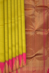 Lime Green Kanchipuram Silk Saree with Plain on the body with Rani Pink contrast Temple border and Rani Pink 8 Kol grand tissue pallu with seepu raku