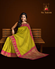 Lime Green Kanchipuram Silk Saree with Plain on the body with Rani Pink contrast Temple border and Rani Pink 8 Kol grand tissue pallu with seepu raku