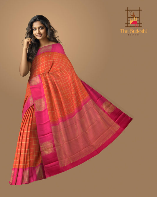 Orange and Pink Kanchipuram Silk Saree with Dual Tone Checks on the body with Pink contrast Annapakshi as blocks in border and Pink Grand Pink zig zag patter pallu