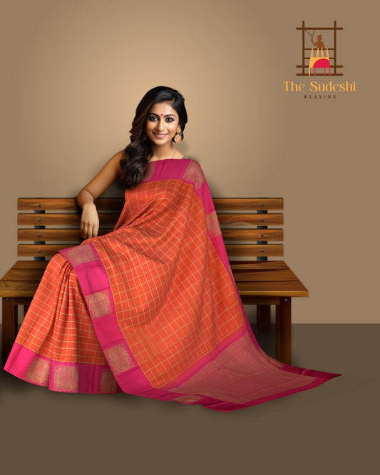 Orange and Pink Kanchipuram Silk Saree with Dual Tone Checks on the body with Pink contrast Annapakshi as blocks in border and Pink Grand Pink zig zag patter pallu
