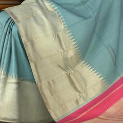 Blue Kanchipuram Silk Saree with Organza Checks body with Temple Gatti Zari Contrast border and Dual Tone - Pink and Orange Pallu