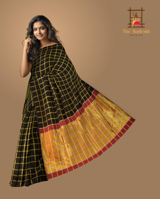 Black Kanchipuram Silk Saree with Checks body with Maroon Tissue Pallu with Silver Zari stripes